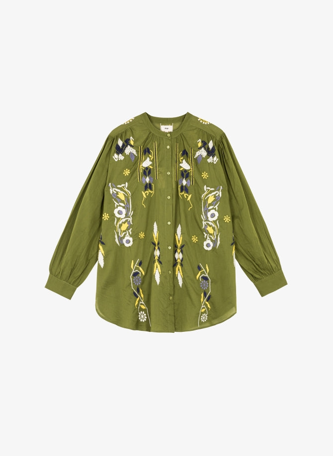 Solyno Green Ethnic Patterns Embroidered Blouse by An'ge